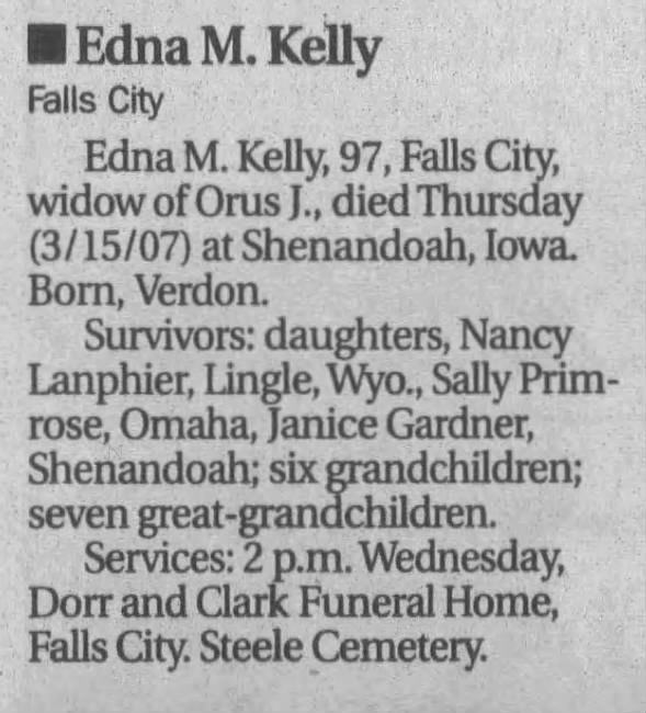 Obituary for Edna M. Kelly (Aged 97)